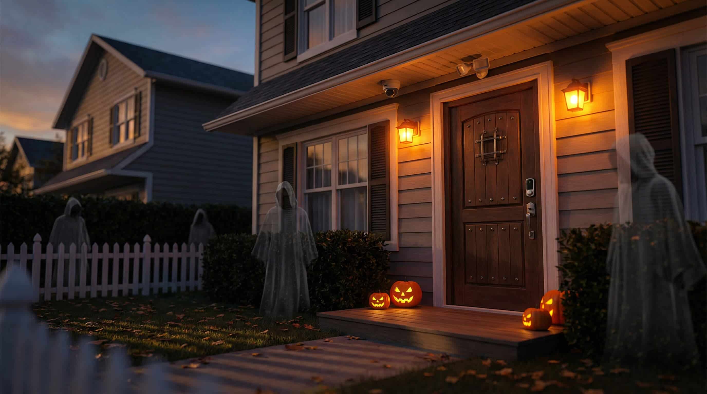 Halloween-themed house exterior with ghosts, pumpkins, and a wooden door. The ghosts represent potential intruders.