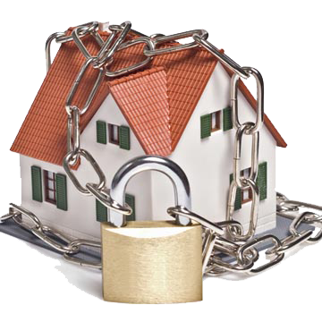 Model house with chains and a padlock on a white background