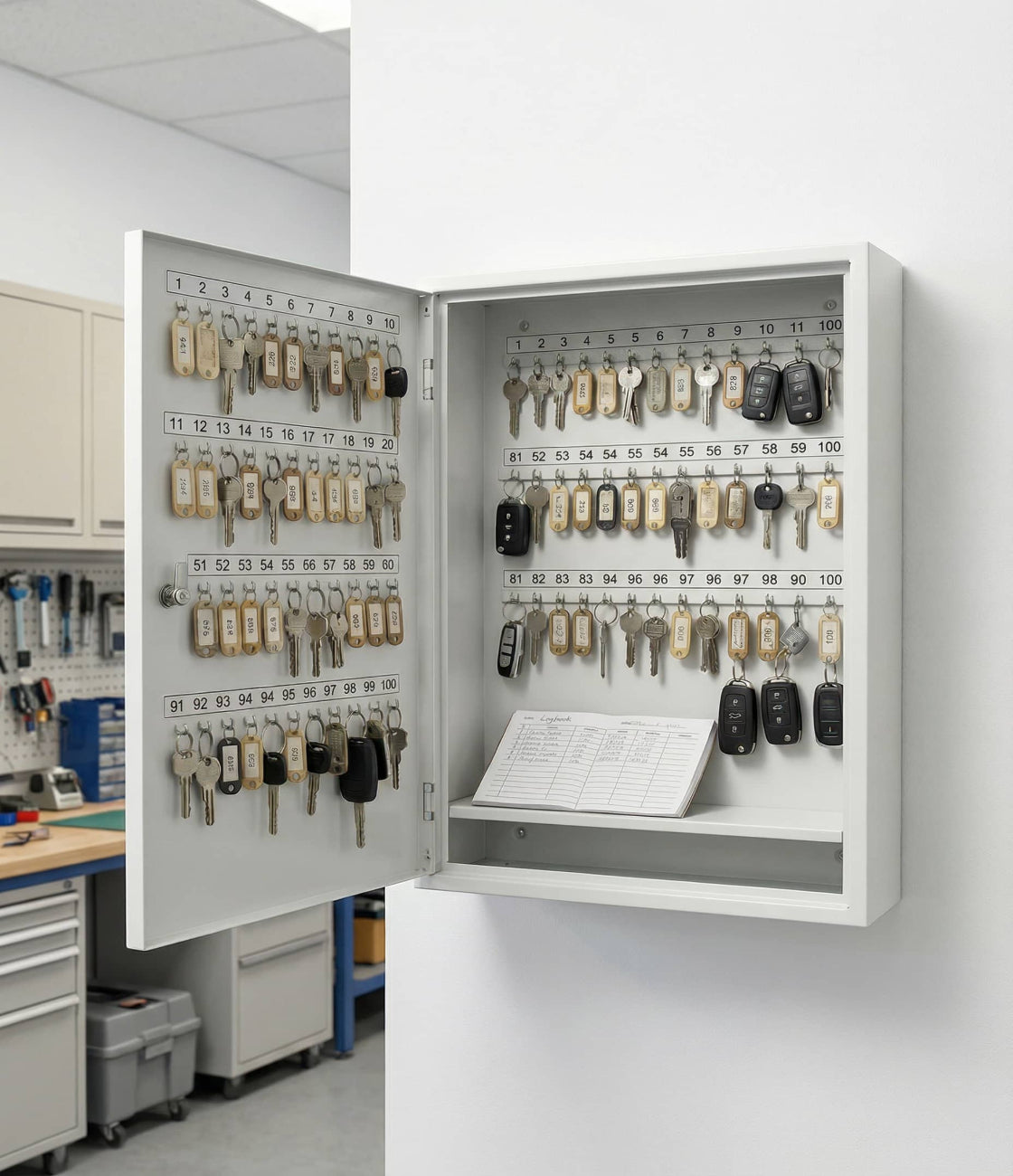Key cabinet with multiple keys in a workshop setting
