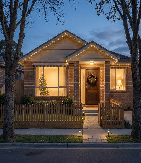 Bungalow house exterior with decorative Christmas lights and wreath at dusk.