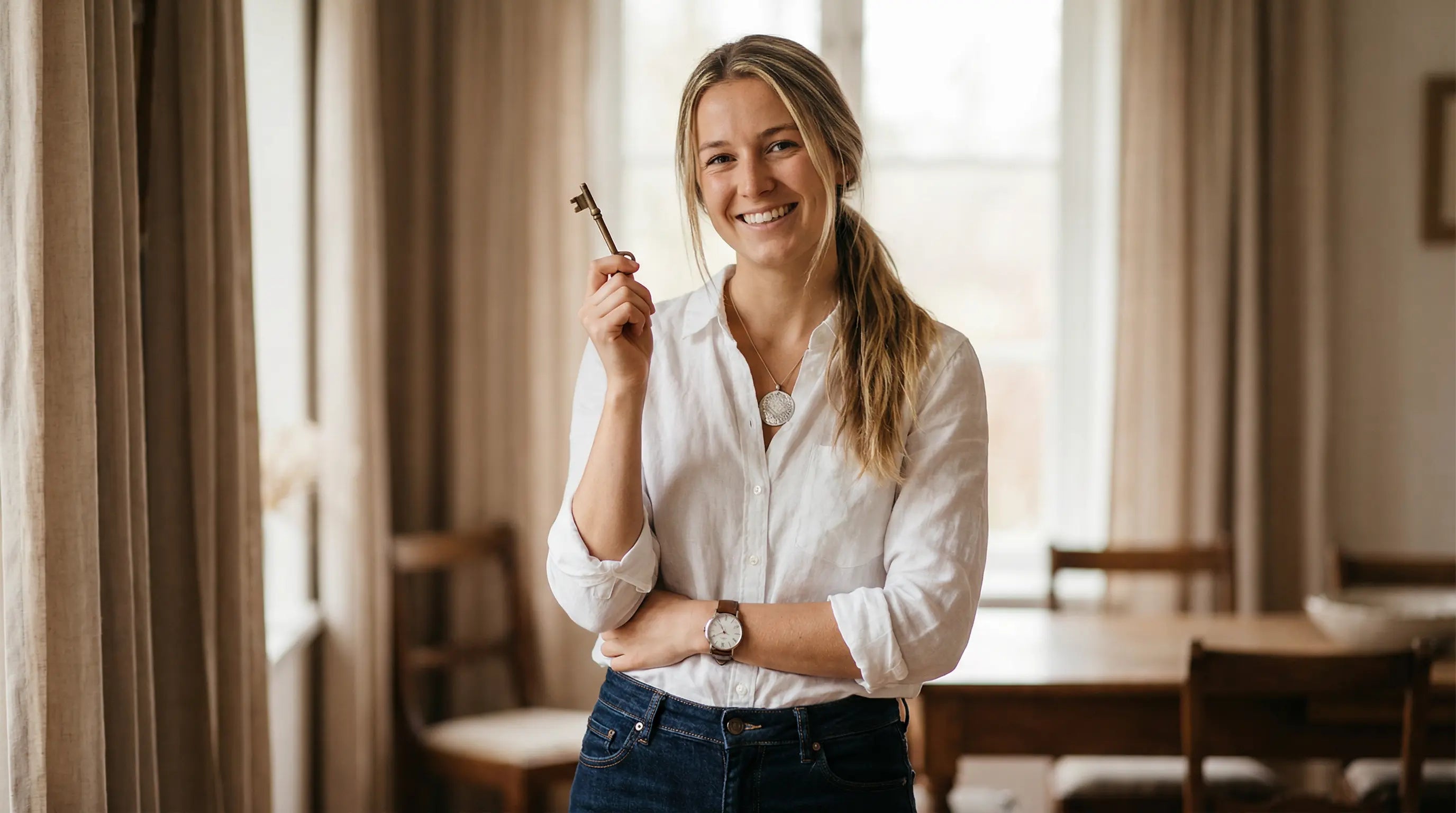Smiling woman holding a house key while standing indoors in a bright, modern room with a table and chairs in the background