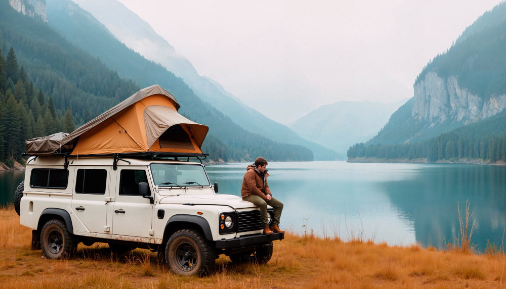 Person sitting on a white SUV with a rooftop tent by a lake surrounded by mountains.