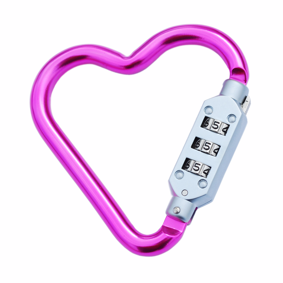 Pink heart-shaped carabiner with a combination lock on a white background