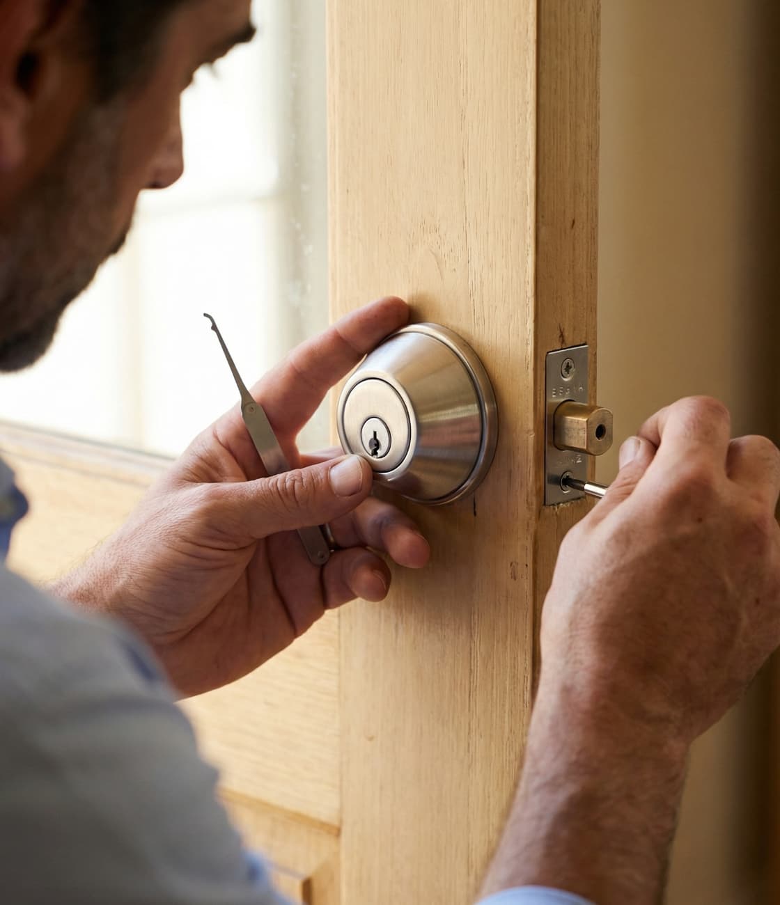 Man Fitting a deadbolt. 