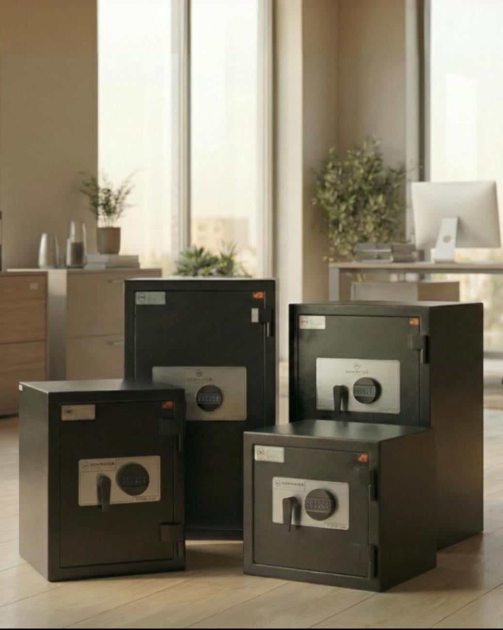 a group of 4 safes in a office space front and center