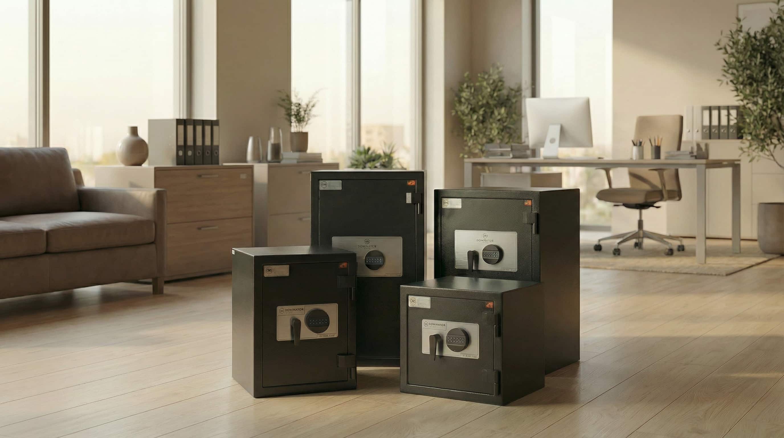 Set of black safes on a wooden floor with a modern office in the background