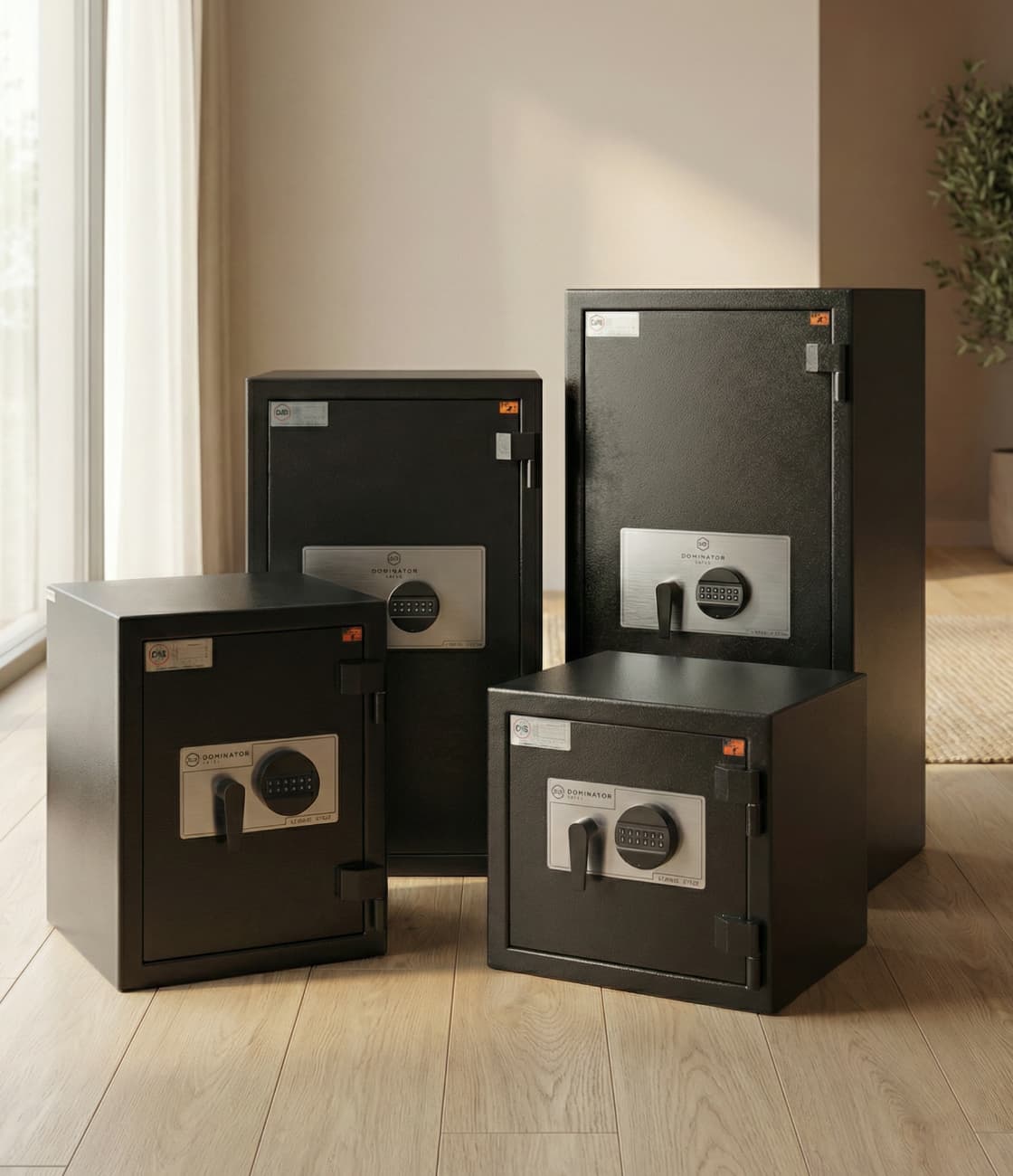 Set of black safes of different sizes on a wooden floor with a neutral-colored wall in the background.