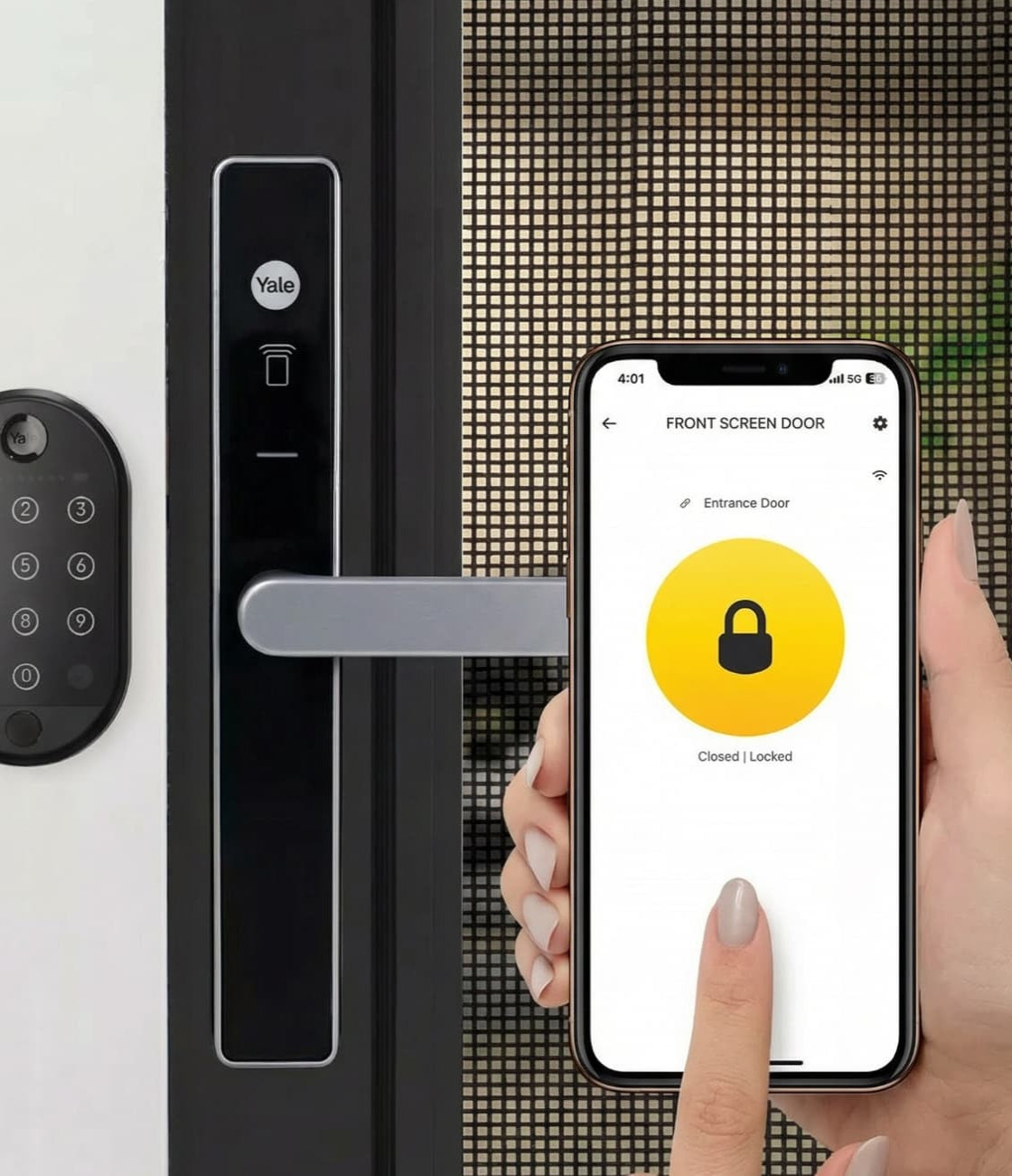 Smart door lock system with a hand holding a smartphone displaying lock status.